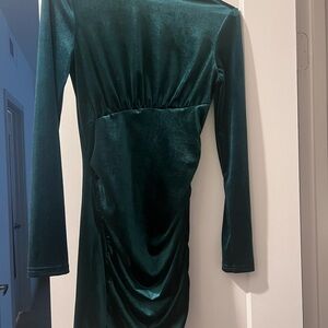 SHEIN Deep Green Velvet Long Sleeve Bodycon Dress